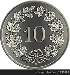 Reverse of 10 centimes coin Swiss franc with 10 in wreath of gentian, official coin in Switzerland and Liechtenstein. Swiss money 10 centimes silver coin