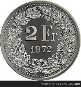 Reverse of 2 Swiss franc silver coin with 2 Fr and year in wreath of oak leaves and gentian, official coin in Switzerland. Swiss money 2 francs silver coin