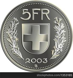 Reverse of 5 Swiss Francs silver coin with federal coat of arms, 5FR, year, branches of edelweiss and gentian, official coin in Switzerland. Swiss money 5 Francs silver coin reverse