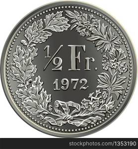 Reverse of 50 centimes or one half Swiss franc coin with one half Fr and year in wreath of oak leaves and gentian, official coin in Switzerland. Swiss money 50 centimes silver coin