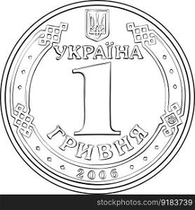 Reverse of Ukrainian money gold coin one hryvnia, Black and white image. Vector Ukrainian money gold coin hryvnia
