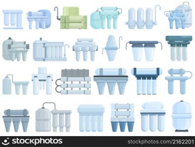 Reverse osmosis system icons set cartoon vector. Aqua filter. Water reverse. Reverse osmosis system icons set cartoon vector. Aqua filter