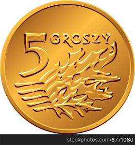 reverse Polish Money five groszy copper coin. vector reverse Polish Money five Groszy copper coin with Value and 5 leaves