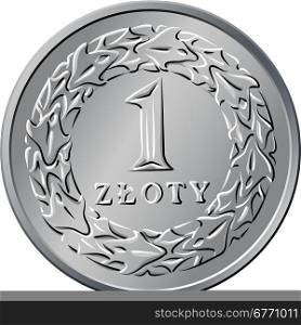 reverse Polish Money one zloty coin. vector reverse Polish Money one zloty silver coin with Value and 1 wreath of leaves