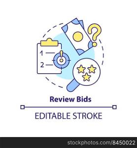Review bids concept icon. Procurement management plan abstract idea thin line illustration. Preliminary examination. Isolated outline drawing. Editable stroke. Arial, Myriad Pro-Bold fonts used. Review bids concept icon