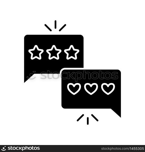 Review black glyph icon. Customer service satisfaction level. Social media feedback. Evaluation star rate. Excellent quality. Silhouette symbol on white space. Vector isolated illustration. Review black glyph icon