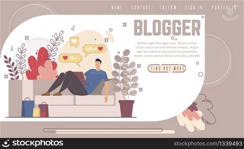 Review Blogger Channel, Lifestyle Video Streamer, Social Media Influencer Personal Site Web Banner, Landing Page. Man Lying on Sofa with Laptop, Writing Post in Blog Trendy Flat Vector Illustration