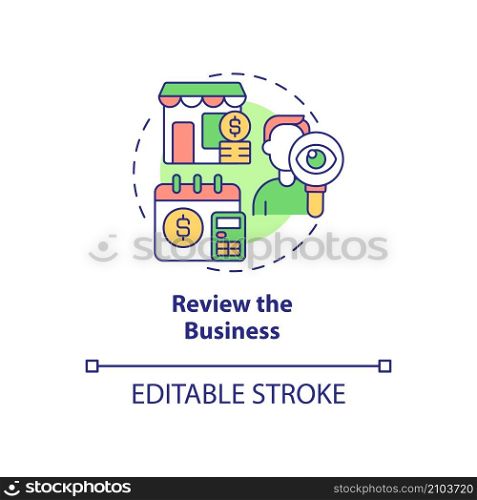 Review business concept icon. Regular analysis. Small business budgeting abstract idea thin line illustration. Isolated outline drawing. Editable stroke. Roboto-Medium, Myriad Pro-Bold fonts used. Review business concept icon