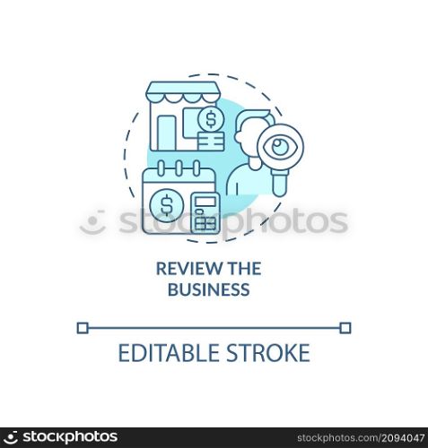 Review business turquoise concept icon. Small business budgeting abstract idea thin line illustration. Isolated outline drawing. Editable stroke. Roboto-Medium, Myriad Pro-Bold fonts used. Review business turquoise concept icon