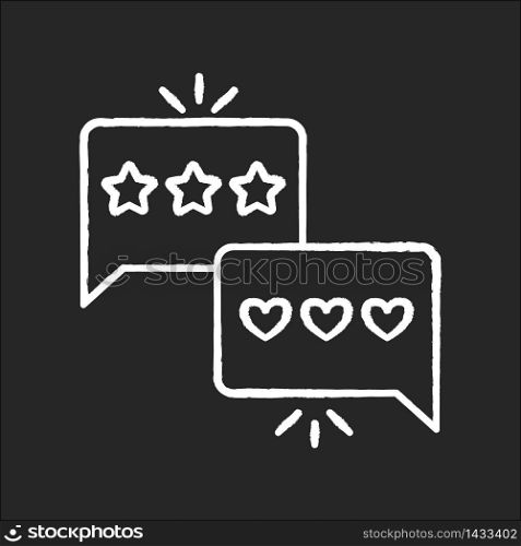 Review chalk white icon on black background. Customer service satisfaction level. Social media feedback. Evaluation star rate. Excellent quality. Good ranking. Isolated vector chalkboard illustration. Review chalk white icon on black background