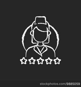 Review doctor chalk white icon on black background. Improving patient experience. Useful, constructive feedback. Customer service. Online reputation. Isolated vector chalkboard illustration. Review doctor chalk white icon on black background