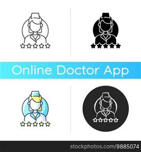 Review doctor icon. Improving patient experience. Useful, constructive feedback. Customer service. Online reputation. Linear black and RGB color styles. Isolated vector illustrations. Review doctor icon