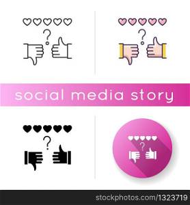 Review rate icon. Thumbs up and down. Hand sign of like and dislike. Satisfaction level. Feedback for social media stories. Linear black and RGB color styles. Isolated vector illustrations