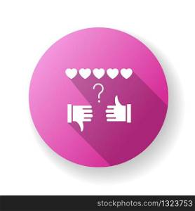 Review rate pink flat design long shadow glyph icon. Thumbs up and down. Hand sign of like and dislike. Satisfaction level. Positive and negative gesture. Silhouette RGB color illustration