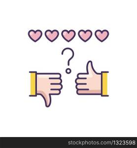 Review rate RGB color icon. Thumbs up and down. Hand sign of like and dislike. Satisfaction level. Feedback for social media stories. Positive and negative gesture. Isolated vector illustration