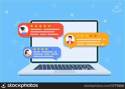 Review rating testimonials online on computer screen or customer testimony feedback experience, bubble messages on laptop pc with reputation chat modern. Vector illustration in flat style. Review rating testimonials online