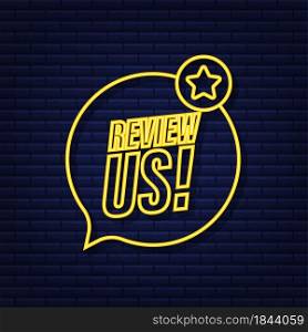 Review us user rating concept. Review and rate us stars neon icon. Business concept. Vector illustration. Review us user rating concept. Review and rate us stars neon icon. Business concept. Vector illustration.
