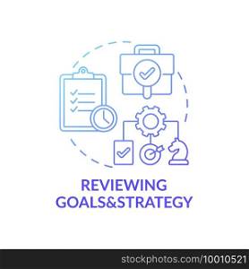Reviewing goals and strategy concept icon. Top management tasks. Setting challenges and goals for future. Business success idea thin line illustration. Vector isolated outline RGB color drawing. Reviewing goals and strategy concept icon