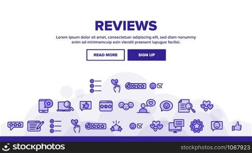 Reviews Landing Web Page Header Banner Template Vector. Reviews, Feedback And User Experience Of Client Linear Pictograms. Loyalty And Testimonials From Customer Dumptruck Illustration. Reviews Landing Header Vector