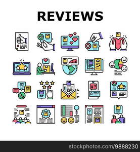 Reviews Of Customer Collection Icons Set Vector. Like Comment And Rating, Positive Feedback And Reviews Researching, Question And Answer Concept Linear Pictograms. Contour Color Illustrations. Reviews Of Customer Collection Icons Set Vector