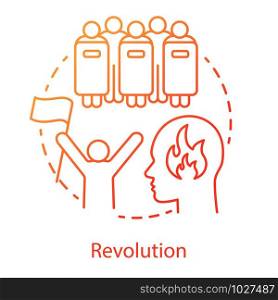 Revolution concept icon. Civil unrest idea thin line illustration. Revolutionary with flag and riot police with shields vector isolated outline drawing. Political rebellion, government overthrow