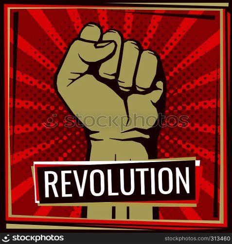Revolution fight vector poster with worker hand fist raised. Illustration of fist worker, rebel and protest revolution. Revolution fight vector poster with worker hand fist raised