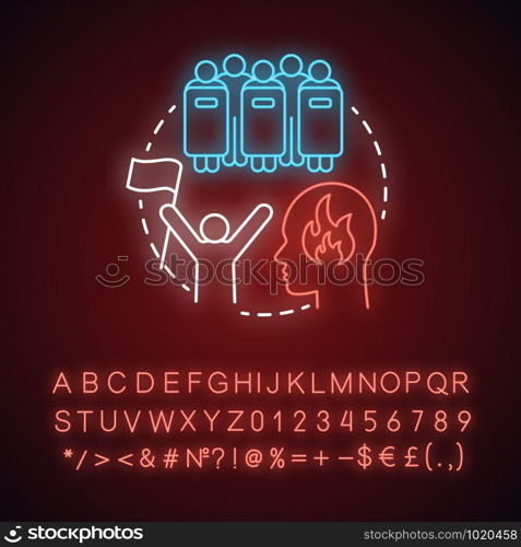 Revolution neon light concept icon. Civil unrest, conflict idea. Glowing sign with alphabet, numbers and symbols. Revolutionary with flag and riot police with shields vector isolated illustration