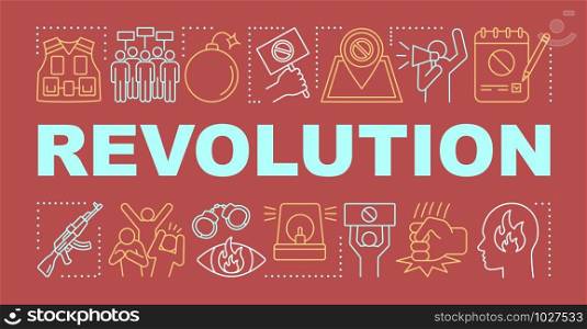 Revolution word concepts banner. Political uprising, social rebellion presentation, website. Isolated lettering typography idea with linear icons. Aggressive resistance vector outline illustration