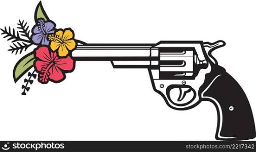Revolver and flowers color vector illustration