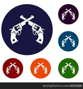 Revolvers icons set in flat circle reb, blue and green color for web. Revolvers icons set