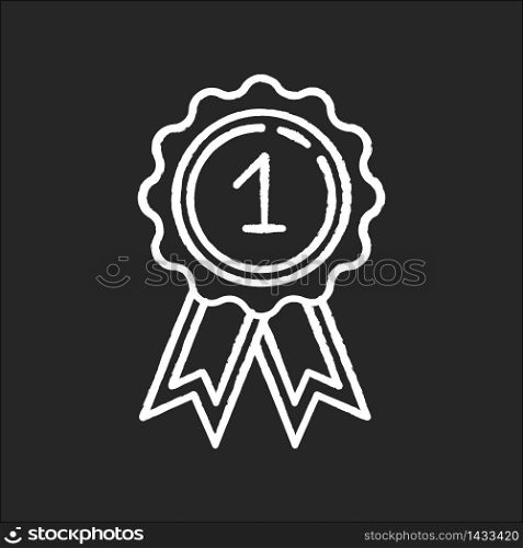 Reward chalk white icon on black background. Winner of first place. Golden standard of quality. Top rank. Bestseller award. Leadership and achievement. Isolated vector chalkboard illustration. Reward chalk white icon on black background