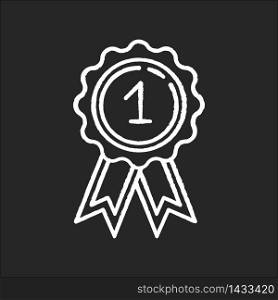 Reward chalk white icon on black background. Winner of first place. Golden standard of quality. Top rank. Bestseller award. Leadership and achievement. Isolated vector chalkboard illustration. Reward chalk white icon on black background