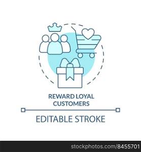 Reward loyal customers turquoise concept icon. Bonus program. Discount strategy abstract idea thin line illustration. Isolated outline drawing. Editable stroke. Arial, Myriad Pro-Bold fonts used. Reward loyal customers turquoise concept icon