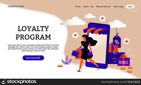 Reward program landing page. E-commerce concept with cartoon people characters. Vector illustrations loyalty program and discount, like promotion retail and advertisements shop. Reward program landing page. E-commerce concept with cartoon people characters. Vector loyalty program and discount
