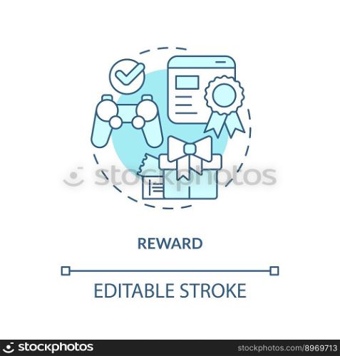 Reward turquoise concept icon. Bonuses for users. Game mechanics in gamification abstract idea thin line illustration. Isolated outline drawing. Editable stroke. Arial, Myriad Pro-Bold fonts used. Reward turquoise concept icon