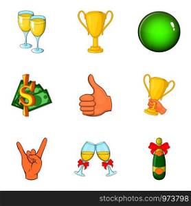Rewarding icons set. Cartoon set of 9 rewarding vector icons for web isolated on white background. Rewarding icons set, cartoon style