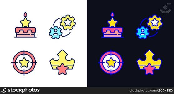 Rewarding loyal customers pixel perfect light and dark theme color icons set. Birthday bonus. Referral reward. Simple filled line drawings. Bright cliparts on white and black. Editable stroke. Rewarding loyal customers pixel perfect light and dark theme color icons set