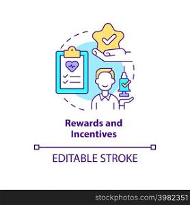 Rewards and incentives concept icon. Program for patients. Healthcare macro trends abstract idea thin line illustration. Isolated outline drawing. Editable stroke. Arial, Myriad Pro-Bold fonts used. Rewards and incentives concept icon