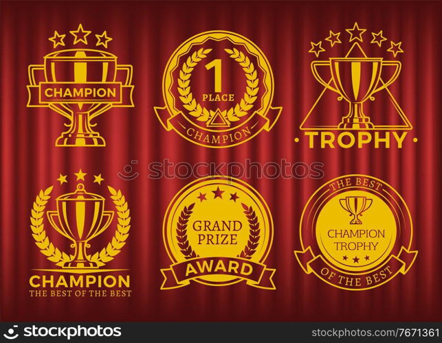 Rewards and seals for ch&ions vector, badges isolated on red curtain background. Achievements for first place, laurel branch and stars leafs and cups. Ch&ion Rewards and Awards on Red Curtain Set