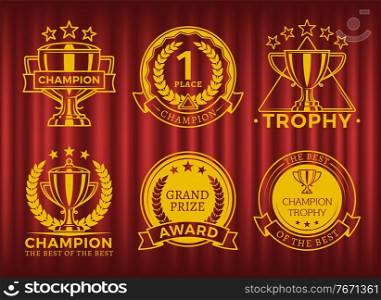 Rewards and seals for ch&ions vector, badges isolated on red curtain background. Achievements for first place, laurel branch and stars leafs and cups. Ch&ion Rewards and Awards on Red Curtain Set