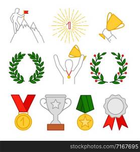 Rewards cup and medals. Man with cup on top mountain. Prize and reward, award medal illustration. Rewards cup and medals. Man with cup on top mountain