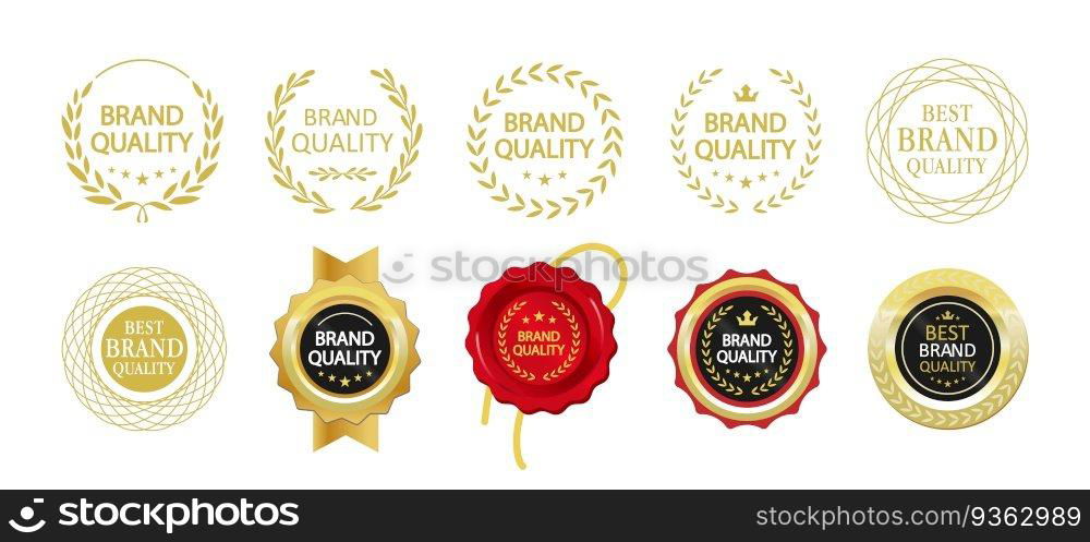 Rewards for business success achievements st&s vector design set. Winner prizes. Isolated outline illustration. Guarantee badge. Approved seal with text. Decorative sticker on white background. Rewards for business success achievements st&s vector design set
