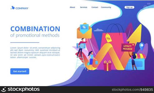 Rewards program. Marketing strategy. Retail promotion. Promotional mix, combination of promotional methods, best promotional tools concept. Website homepage landing web page template.. Promotional mix concept landing page