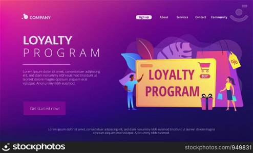 Rewards scheme for customers. Marketing strategy. Clients attraction. Loyalty program, personalized promotion, use your purchase history concept. Website homepage landing web page template.. Loyalty program concept landing page