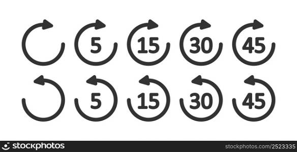 Rewind 5, 10, 15, 30, 45 second icon. Replay illustration symbol. Sign media player control vector.