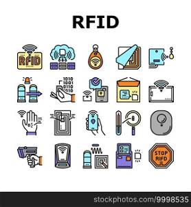 Rfid Chip Technology Collection Icons Set Vector. Security Card And Trinket, Development And Programming Rfid Radio Frequency Identification Concept Linear Pictograms. Contour Color Illustrations. Rfid Chip Technology Collection Icons Set Vector