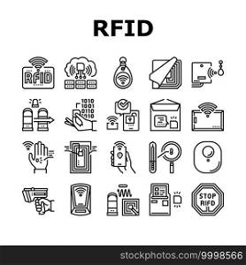 Rfid Chip Technology Collection Icons Set Vector. Security Card And Trinket, Development And Programming Rfid Radio Frequency Identification Black Contour Illustrations. Rfid Chip Technology Collection Icons Set Vector