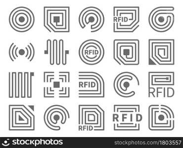 Rfid icons. Electronic readers technology, different forms, near field communication and radio frequency identification tags. Shopping badges, id electromagnetic label. Vector black isolated set. Rfid icons. Electronic readers technology, different forms, near field communication and radio frequency identification tags. Shopping badges, id label. Vector black isolated set