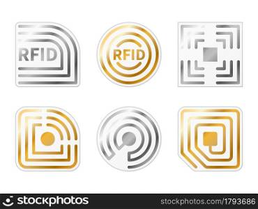 RFID tags. Golden, silver radio chips icons. Isolated metallic identification electromagnetic label templates. Electronic shopping badges. Shiny signs of wireless reader frequence. Vector stickers set. RFID tags. Golden, silver radio chips icons. Metallic identification electromagnetic label templates. Electronic shopping badges. Signs of wireless reader frequence. Vector stickers set