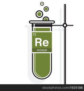 Rhenium symbol on label in a green test tube with holder. Element number 75 of the Periodic Table of the Elements - Chemistry